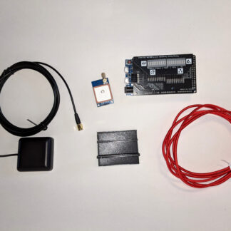 Image showing, GPS Antenna, GPS module, Plastic Stand, USB Cable, Timing Board connected to Arduino Due.